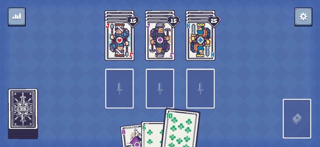 Royal Card Clash - Pixel art gameplay screenshot of Royal Card Clash showing enemy royal cards with health points and player cards on a blue diamond background