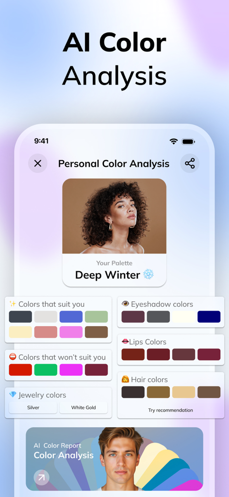 Un'interfaccia di app mobile da HairApp che mostra un'analisi personale del colore per una palette Inverno Profondo con colori consigliati per capelli e trucco.