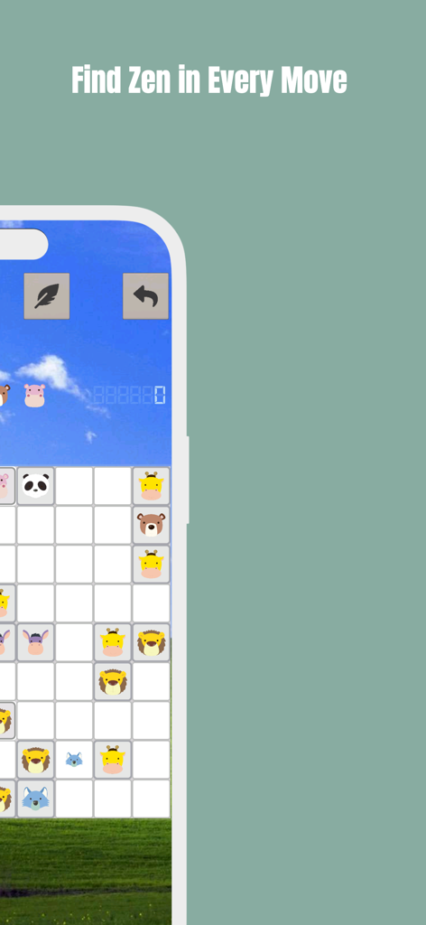 Line 98 mobile game screenshot showing a grid of animal icons with the text Find Zen in Every Move.