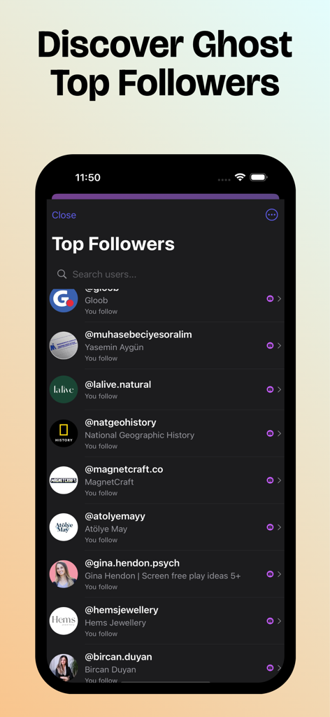 Reports+ Unfollowers Tracker - Interfaccia dell'app che mostra l'elenco dei follower principali per le analytics di Instagram