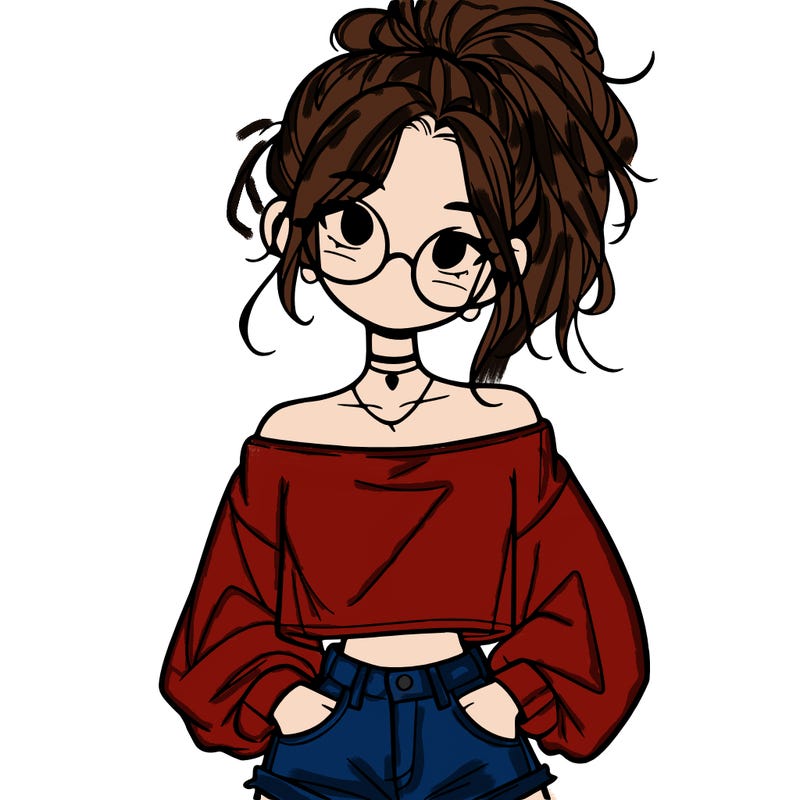 girl with a messy ponytail glasses a baggy crop top and jean shorts