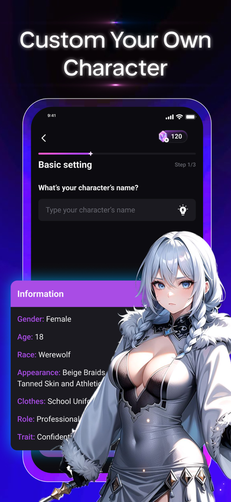 Weifu AI: Character Companion - Character creation screen in the Weifu AI app showing customization options and an anime companion