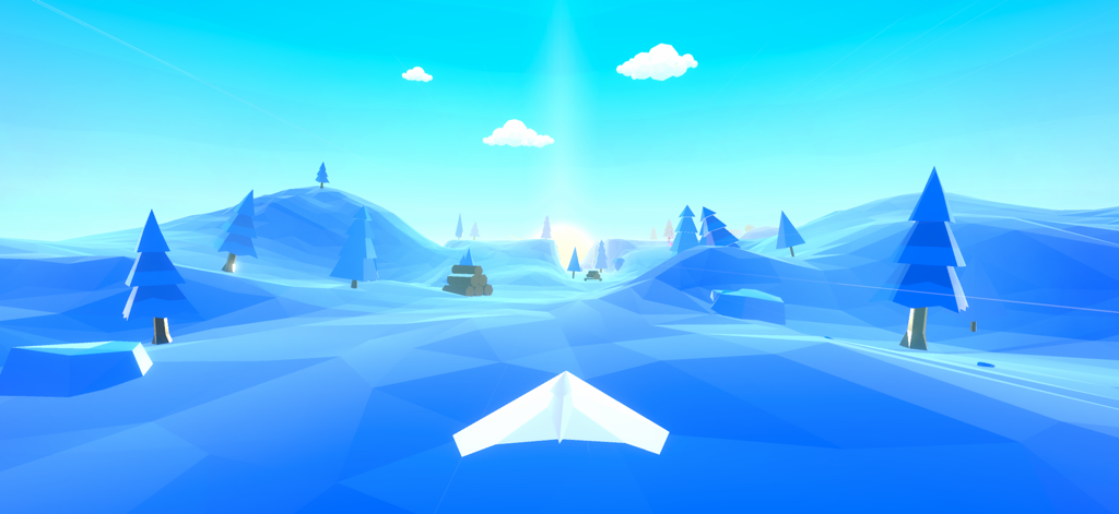 Un avión de papel blanco volando a través de un paisaje ártico azul de baja poligonización con pinos bajo un cielo brillante