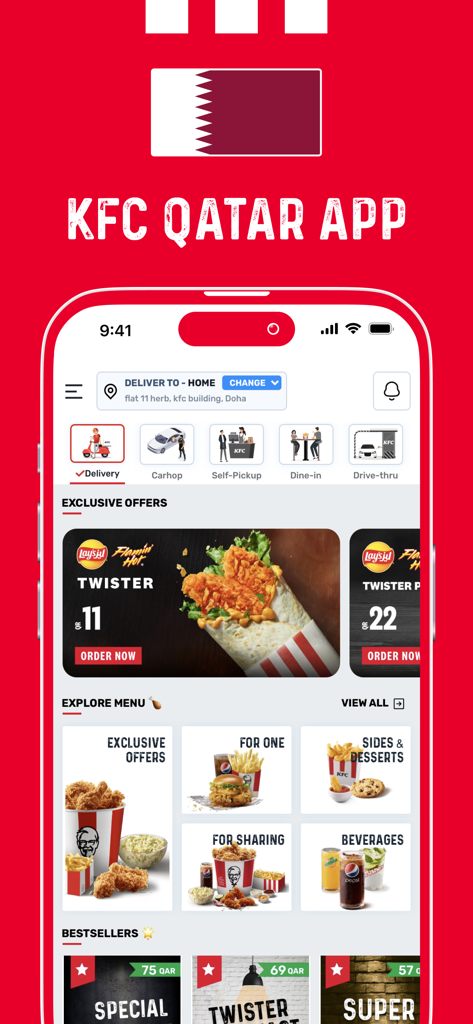 KFC Qatar - KFC Qatar mobile app interface showing menu categories and delivery options