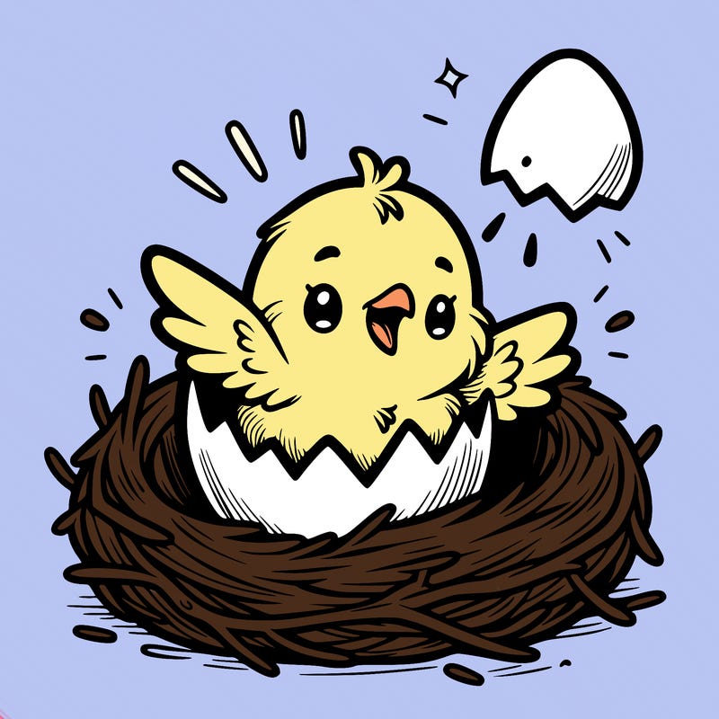 a baby chick hatching from an egg in a nest