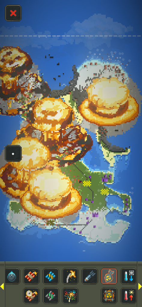 WorldBox - God Sandbox - 월드박스에서 섬에 여러 개의 핵 버섯 구름이 폭발하는 픽셀 아트 세계