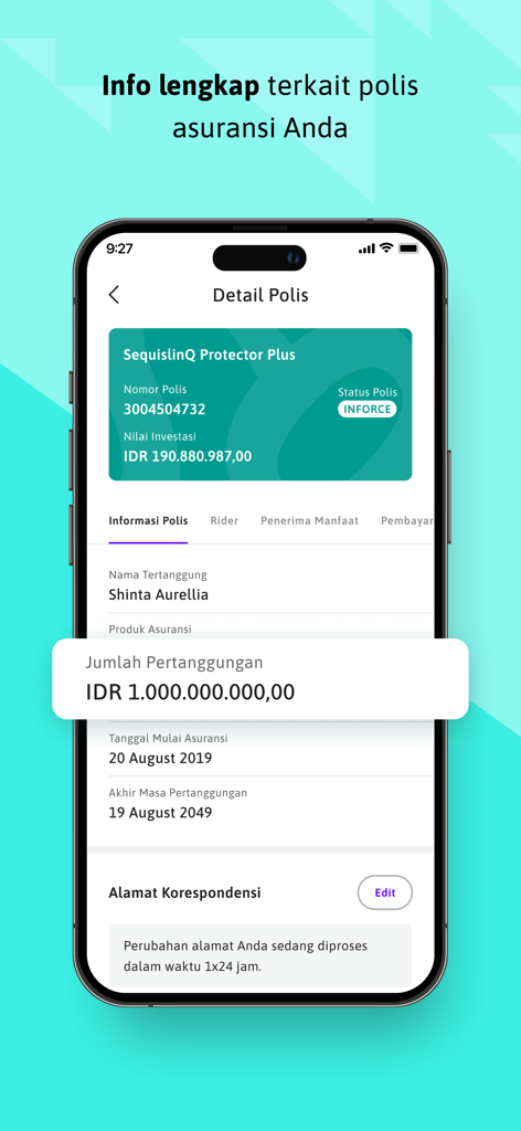 Sequis App - Mobile app screen displaying insurance policy information including investment value and sum insured for Sequis Life