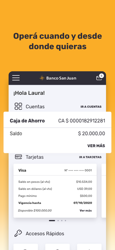 APP Banco San Juan - Tableau de bord de l'application bancaire mobile Banco San Juan montrant les détails des comptes et les soldes.
