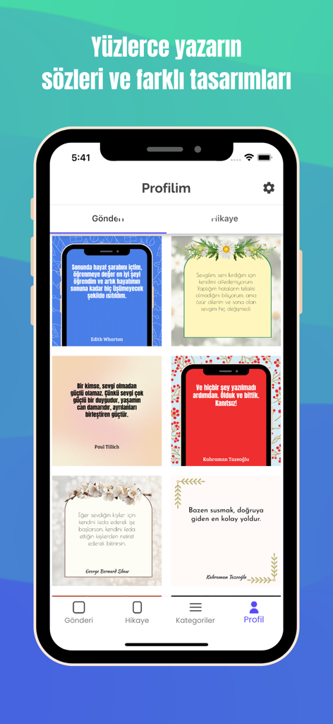 Aşk ve Sevgi Sözleri - Galería de citas de amor turcas con diferentes diseños artísticos en la aplicación móvil.