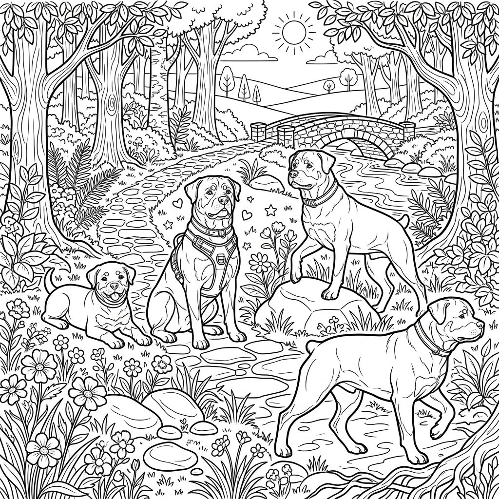 Rottweilers Full Scene Coloring Page | Printable Art — Color Pop