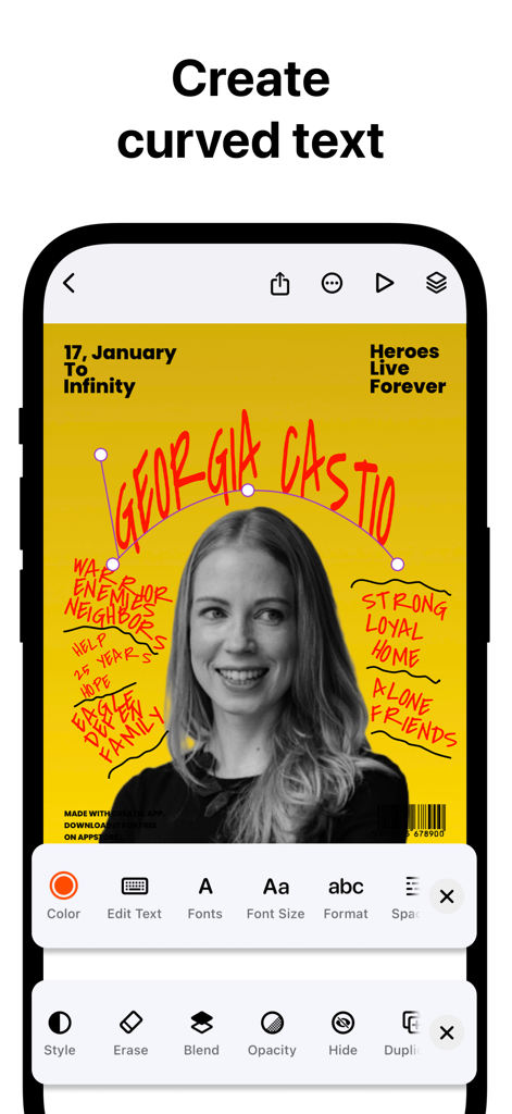 Creatic: Graphic Design Editor - Graphic design editor interface showing the curved text tool feature on a poster project