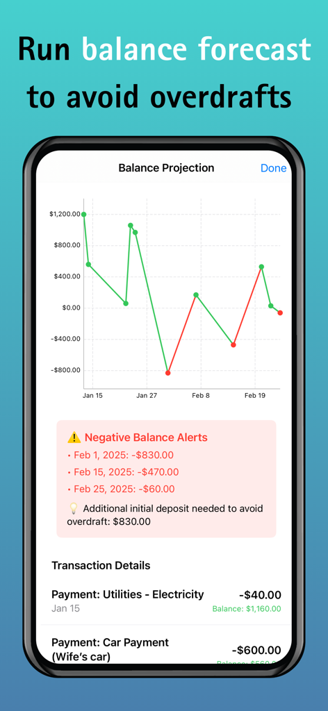 EZ Bill Organizer & Tracker - EZ Bill Organizer app interface showing a balance projection chart and negative balance alerts to help users avoid overdrafts.