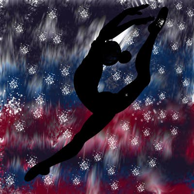 gymnast doing a leap in a leotard with a bent back leg