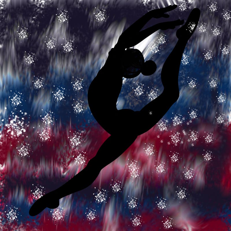 gymnast doing a leap in a leotard with a bent back leg