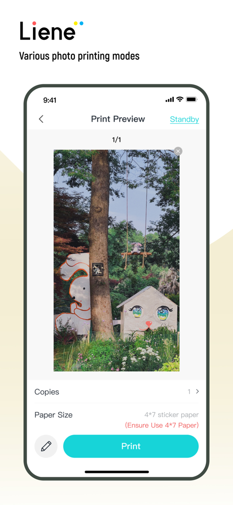 Liene Photo 앱 인터페이스로, 용지 크기 옵션과 청록색 인쇄 버튼이 있는 정원 사진의 인쇄 미리보기를 보여줍니다.