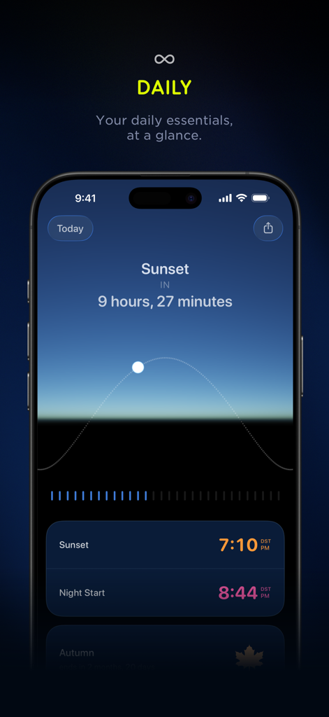 Lumy - Sun Tracker for Outdoor - L'interface du mode quotidien de l'application Lumy sur iPhone affiche le compte à rebours du coucher du soleil et un graphique visuel de la trajectoire solaire.