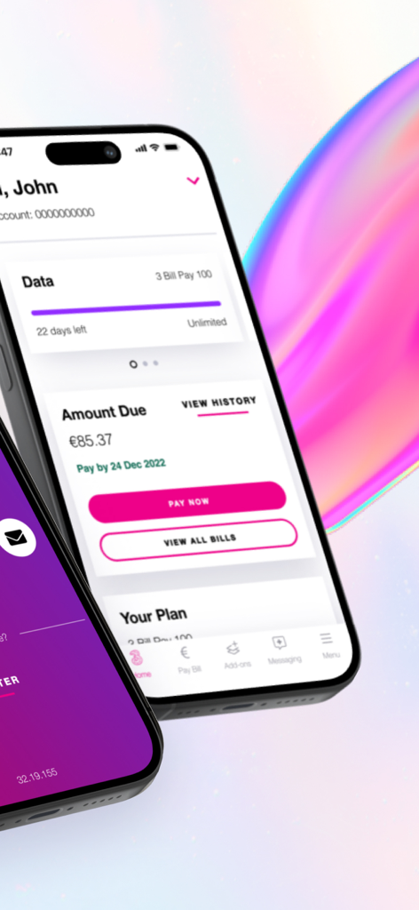 My3 Ireland mobile app showing data usage and bill payment options