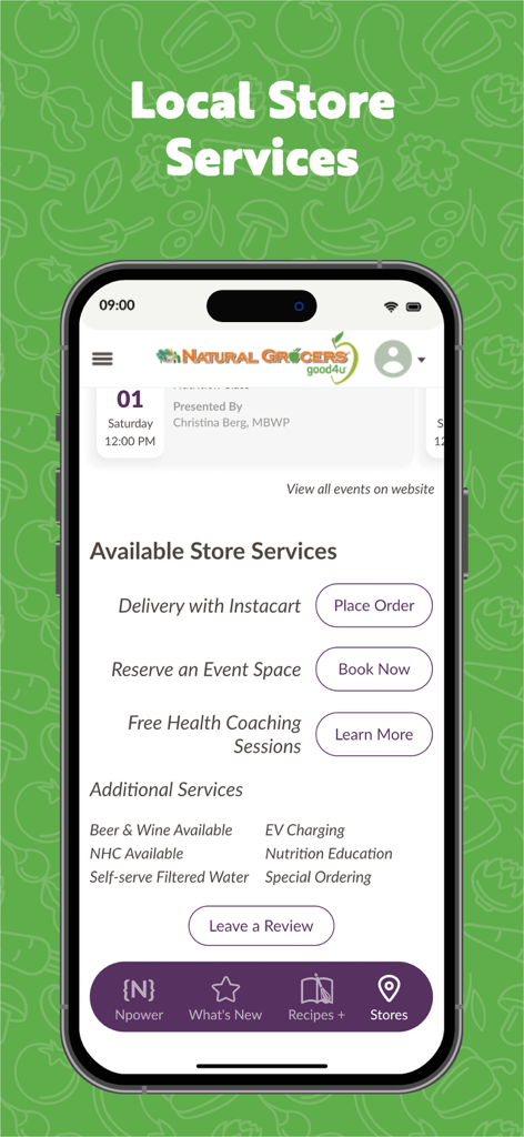 Natural Grocers - Schermata dell'app mobile Natural Grocers che mostra i servizi dei negozi locali, incluse opzioni di consegna e sessioni di coaching sulla salute