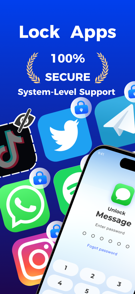 Black Box - Lock Restrict Apps - Un'interfaccia mobile che mostra app social bloccate come TikTok e WhatsApp con una schermata di inserimento del passcode per un accesso sicuro.