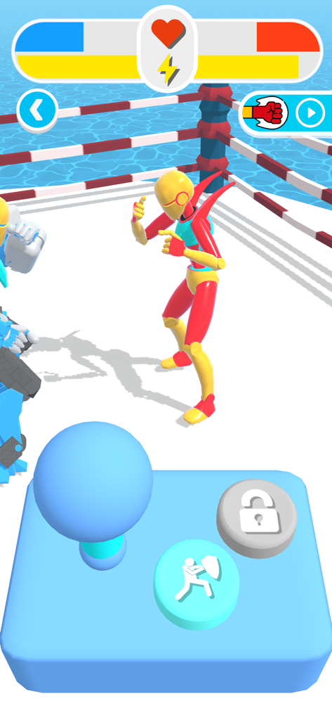 Ultimate Robot Merge - A yellow humanoid robot fighting in a boxing ring with game controls and health bars