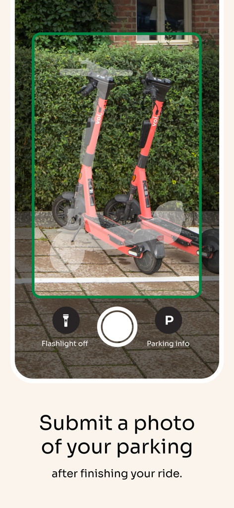 A mobile app interface showing a camera viewfinder to take a photo of a parked e-scooter after a ride.