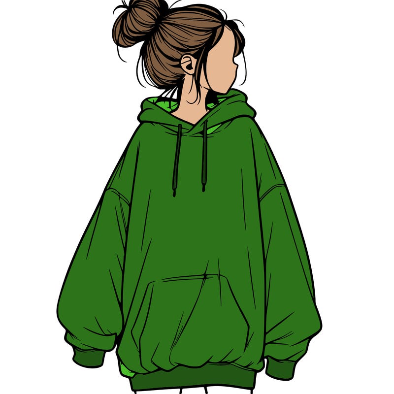 realistic girl with a oversized sweatshirt on and a bun