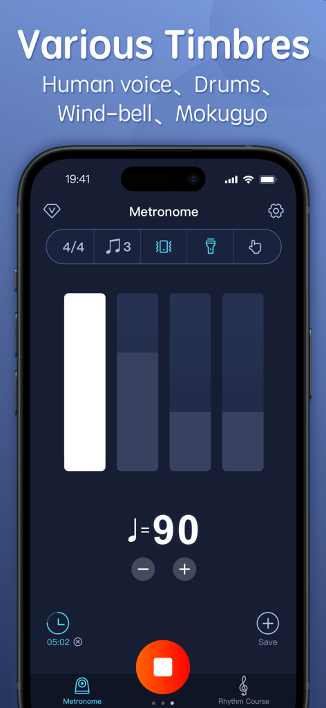 Metronome-Tempo,Beat,BPM - Digital metronome app interface showing various sound timbre options and 90 BPM setting