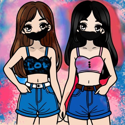 two sisters with crop tops and jean shorts and straight hair