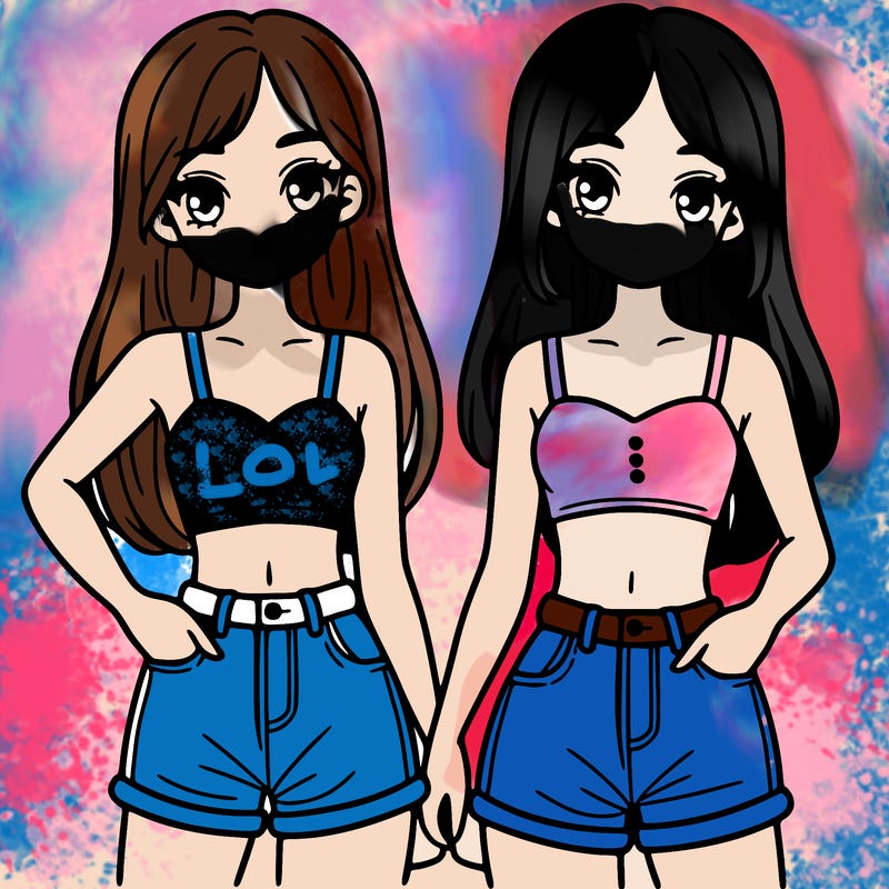 two sisters with crop tops and jean shorts and straight hair