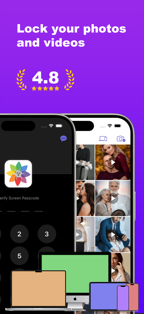 Private Photo Vault - Kakabox - Kakabox app interface showing photo locking and cross-device synchronization across iPhone Mac and iPad.