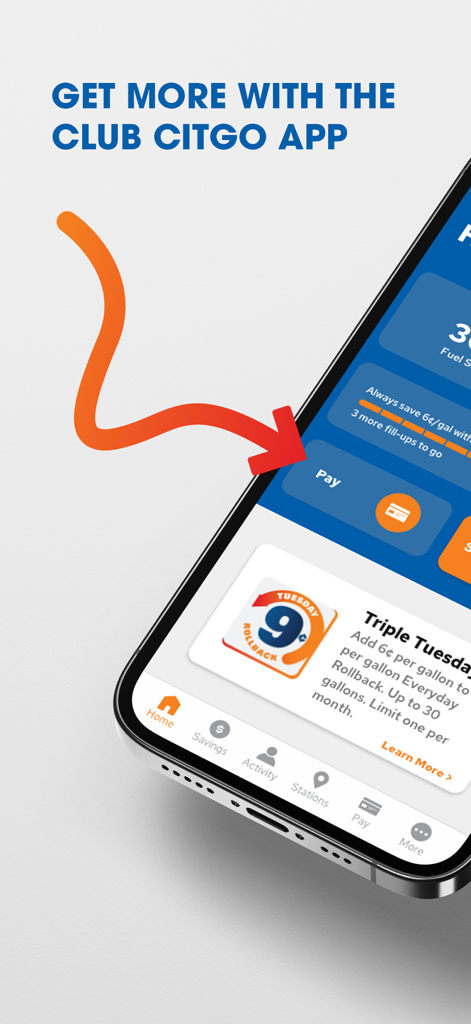 Club CITGO mobile app showing fuel savings and mobile payment button.