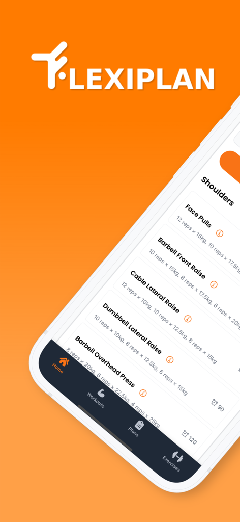 Flexiplan AI workout tracker interface showing a detailed shoulder exercise routine with reps and weights