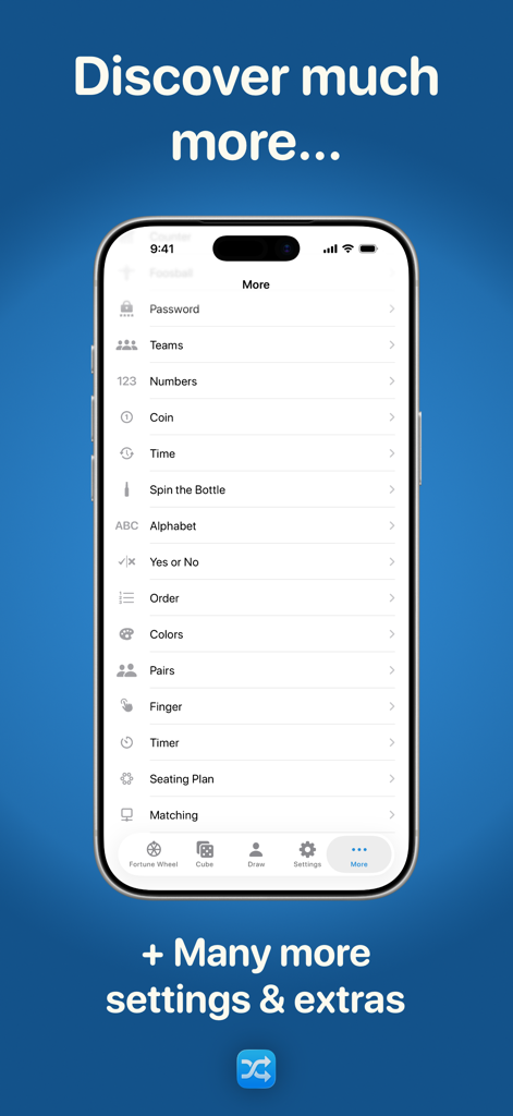 A list of randomizer tools in the app menu including teams, coin flip, and seating plan.