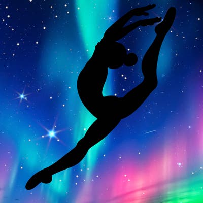 gymnast doing a leap in a leotard with a bent back leg