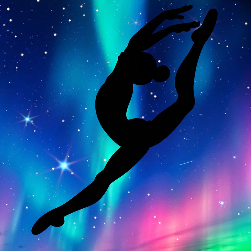 gymnast doing a leap in a leotard with a bent back leg