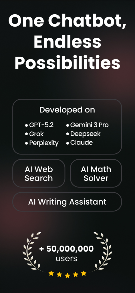 Interface do aplicativo Chat and Ask AI exibindo modelos e recursos de IA suportados, incluindo solucionador de matemática e assistente de escrita com 50 milhões de usuários