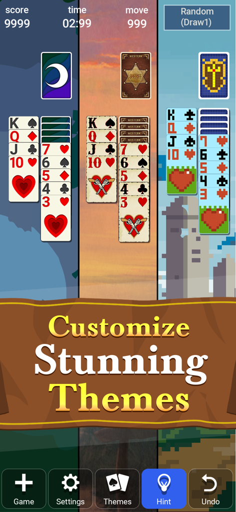 Showcase of different card designs and background themes in Classic Solitaire Patience