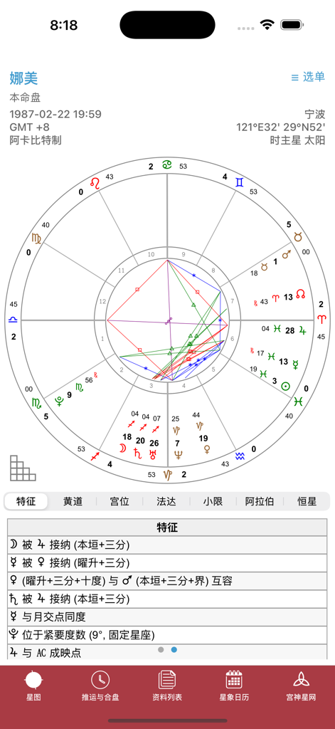 宫神星 - A professional natal chart interface from the Gong Shen Xing astrology app featuring an astrological wheel and technical data in Chinese