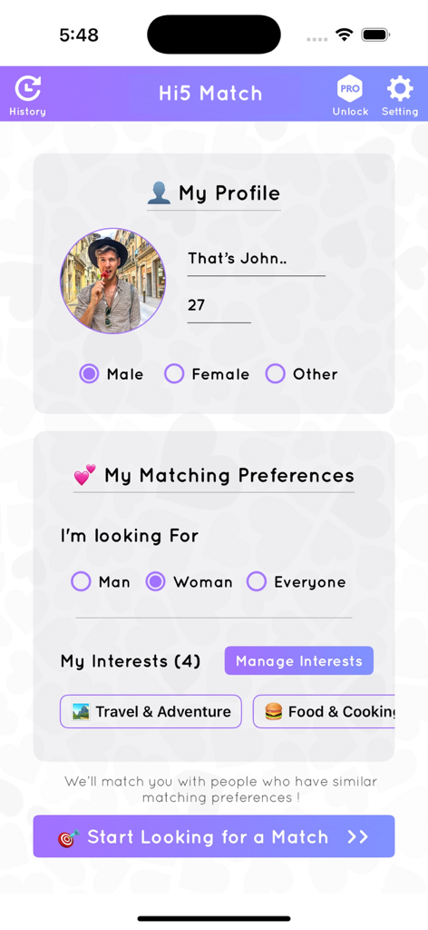 Interfaz de la aplicación Hi5 Match que muestra detalles del perfil de usuario y preferencias de emparejamiento.