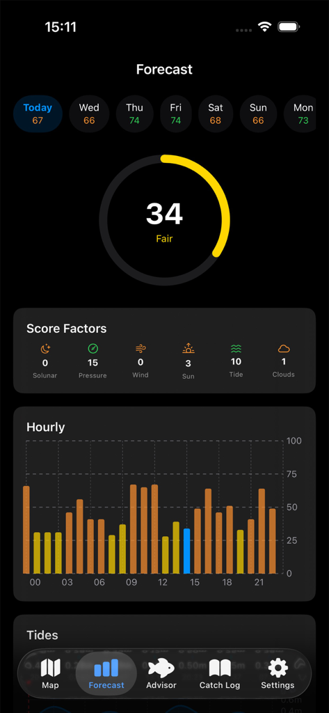 Tisch Fishing - Eine mobile Oberfläche der Tisch Fishing App, die eine detaillierte stündliche und tägliche Angelvorhersage mit Solunar-Daten und Gezeitentabellen zeigt.