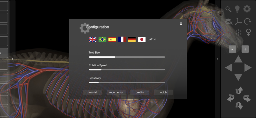 3D Horse Anatomy app configuration menu with language flags and adjustment sliders over a transparent horse anatomy model