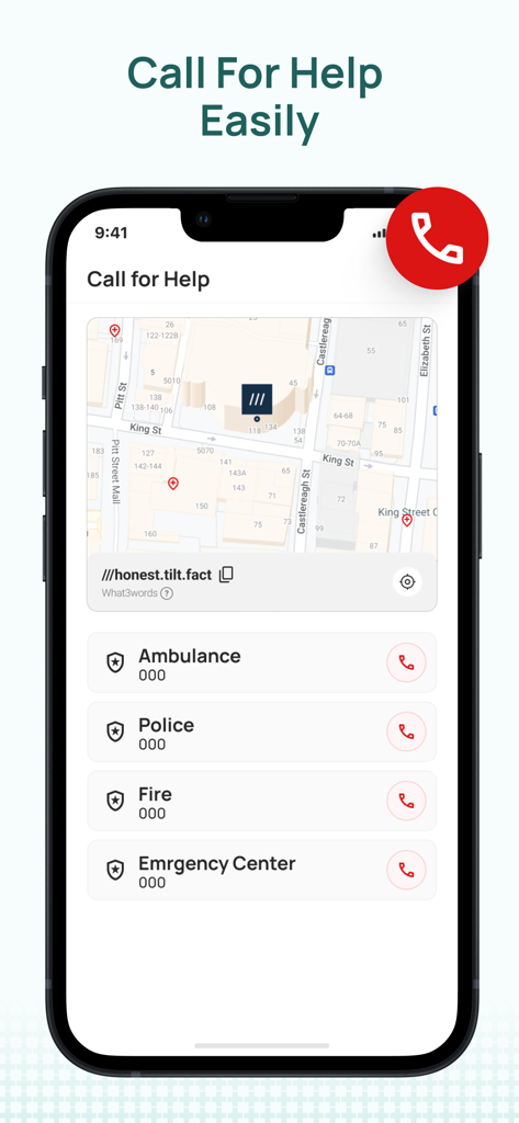 iFirstAid - Interface of the iFirstAid app showing the Call for Help screen with emergency dial buttons and a What3words location map