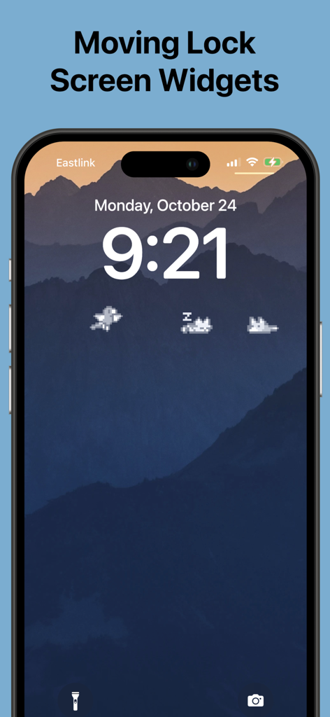iPhone lock screen featuring three animated pixel art pet widgets below the clock