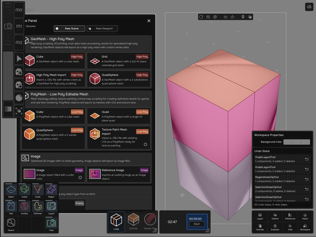 Uniform - 3D Editor - Uniform 3D Editor app interface showing the new object panel for mesh selection on iPad