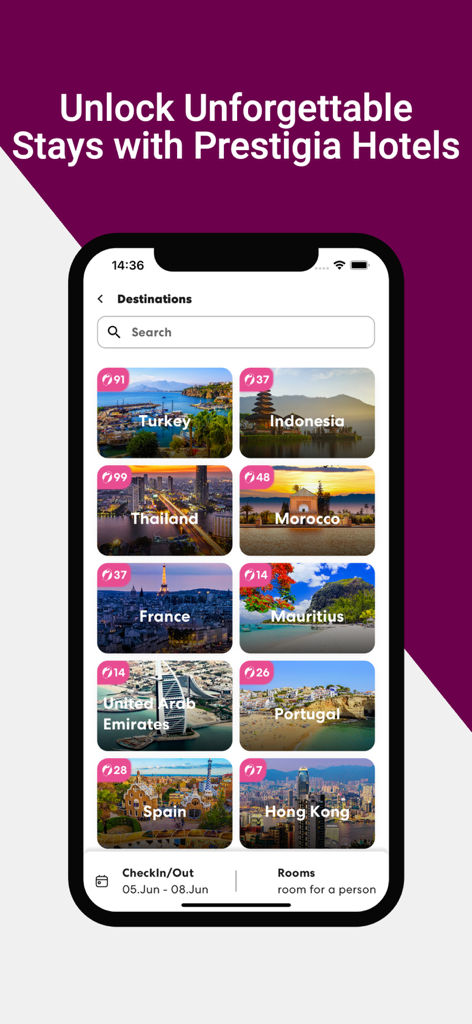 La interfaz de la aplicación Prestigia que muestra una selección curada de destinos de viajes de lujo globales, incluyendo Francia, Tailandia y Marruecos