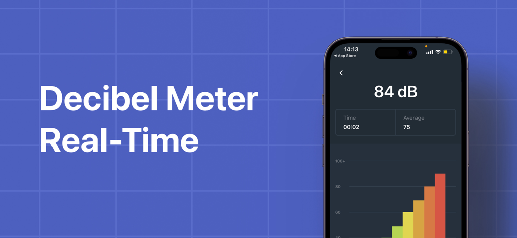 Decibel Meterーmeasure decibels - Decibel Meter app interface showing a real time noise measurement of 84 decibels with a bar graph