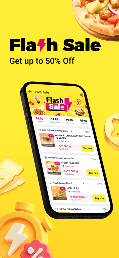 Pantalla de la aplicación Qpon que muestra ofertas de ventas flash y descuentos en comida y café