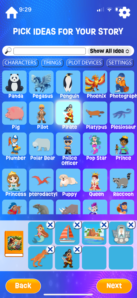 Plai Ai Story Creator - Plai Ai Story Creatorアプリのインターフェース。子供たちが物語のキャラクターや設定を選ぶためのアイコンが表示されています。