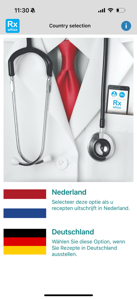 Rx whizz - Rx Whizz app country selection screen showing Netherlands and Germany options for medical professionals