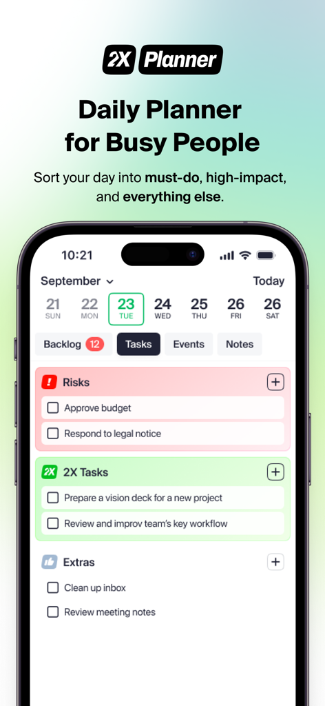 Daily Planner! - Interfaz de la aplicación 2X Planner que muestra tareas organizadas en categorías de prioridad como Riesgos y Alto Impacto.